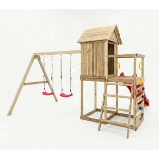 Casetta rialzata per bambini in legno Maxplay 5 con scivolo rosso, doppia altalena e arrampicata