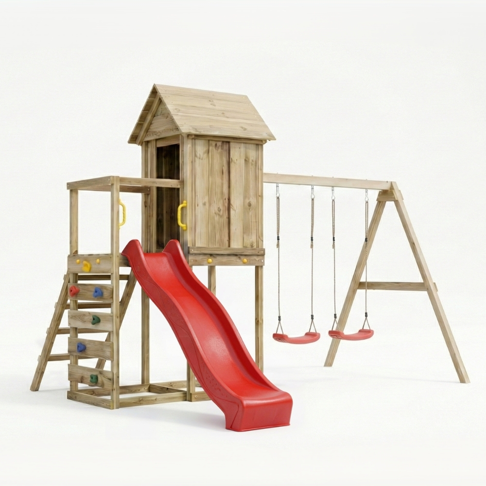 Casetta rialzata per bambini in legno Maxplay 5 con scivolo rosso, doppia altalena e arrampicata
