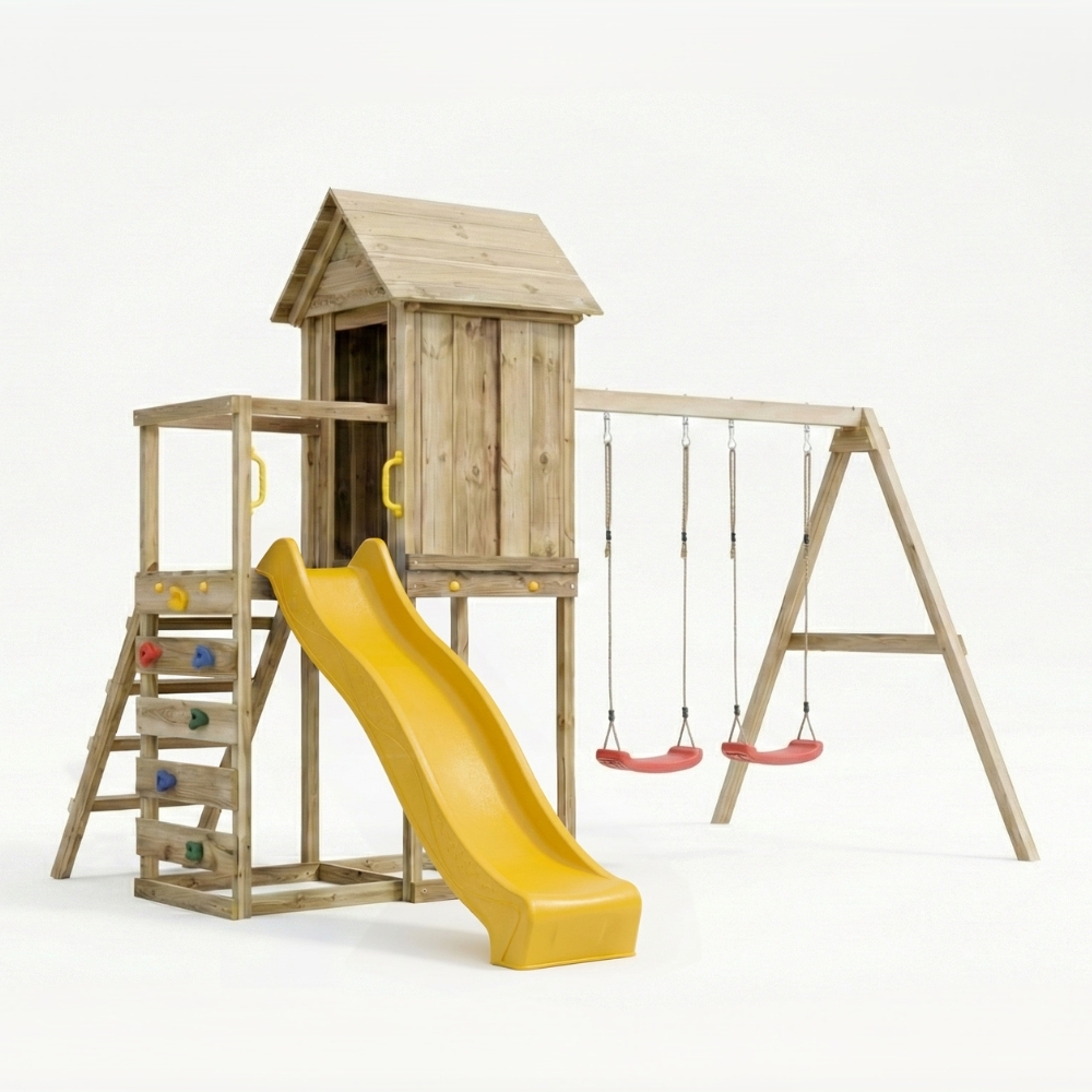 Casetta rialzata per bambini in legno Maxplay 5 con scivolo giallo, doppia altalena e arrampicata