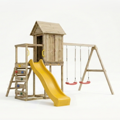 Casetta rialzata per bambini in legno Maxplay 5 con scivolo giallo, doppia altalena e arrampicata