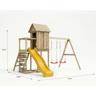 Casetta rialzata per bambini in legno Maxplay 5 con scivolo giallo, doppia altalena e arrampicata