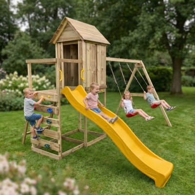 Casetta rialzata per bambini in legno Maxplay 5 con scivolo giallo, doppia altalena e arrampicata