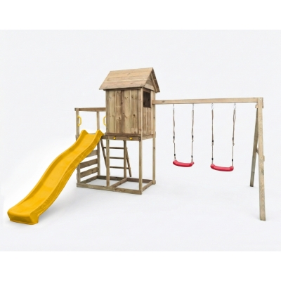 Casetta rialzata per bambini in legno Maxplay 5 con scivolo giallo, doppia altalena e arrampicata