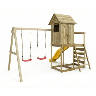 Casetta rialzata per bambini in legno Maxplay 5 con scivolo giallo, doppia altalena e arrampicata