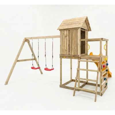 Casetta rialzata per bambini in legno Maxplay 5 con scivolo giallo, doppia altalena e arrampicata
