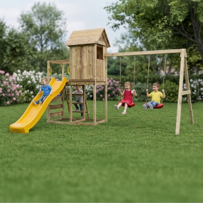 Casetta rialzata per bambini in legno Maxplay 5 con scivolo giallo, doppia altalena e arrampicata