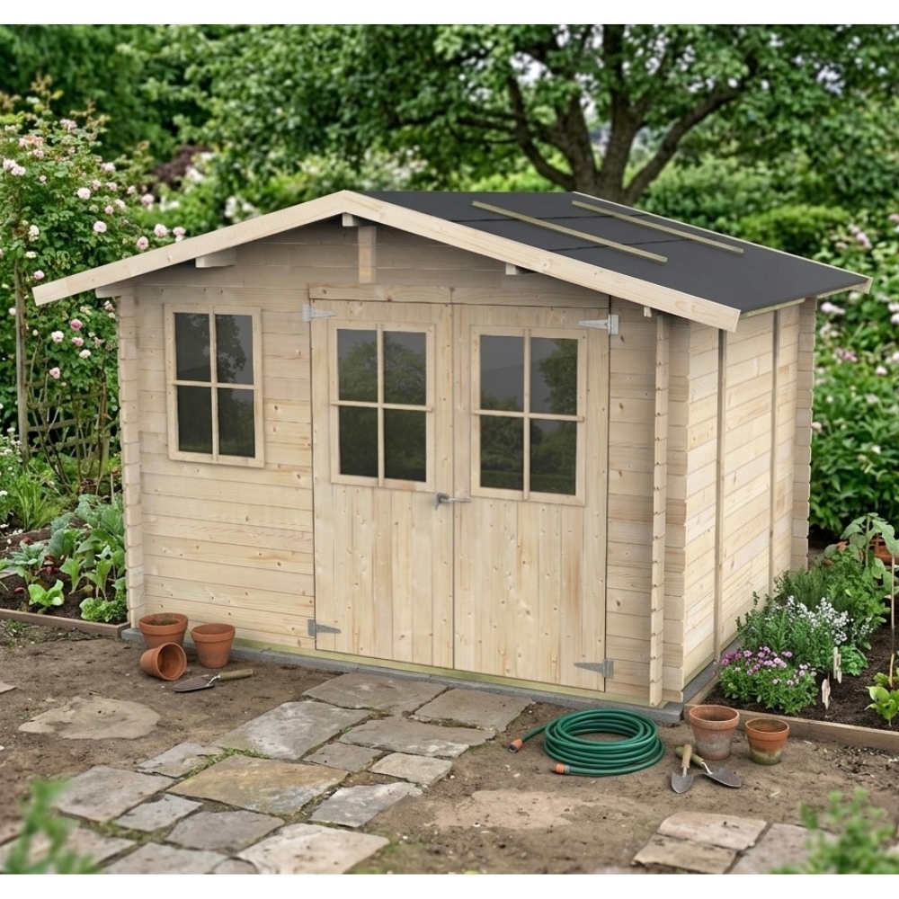 Casetta da giardino in legno Olivia 3x2,5 m con finestra e porta doppia finestrata – Blockhouse 25 mm con pavimento