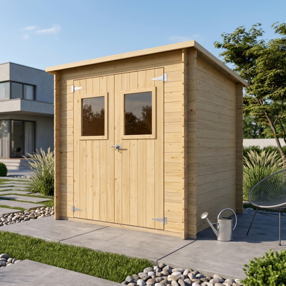 Casetta in Legno Arthur 2x2 m Addossata Blockhouse 19 mm con Porta Doppia Finestrata