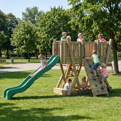 Torre Gioco FunForte 1 per Uso Pubblico in Legno con Scivolo HDPE, Parete d'Arrampicata e Scala