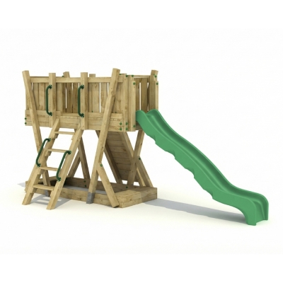 Torre Gioco FunForte 1 per Uso Pubblico in Legno con Scivolo HDPE, Parete d'Arrampicata e Scala