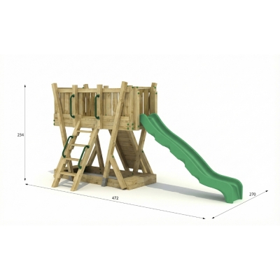Torre Gioco FunForte 1 per Uso Pubblico in Legno con Scivolo HDPE, Parete d'Arrampicata e Scala