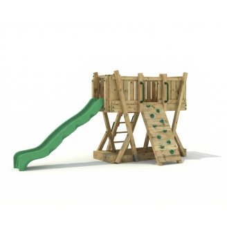 Torre Gioco FunForte 1 per Uso Pubblico in Legno con Scivolo HDPE, Parete d'Arrampicata e Scala