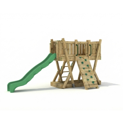 Torre Gioco FunForte 1 per Uso Pubblico in Legno con Scivolo HDPE, Parete d'Arrampicata e Scala