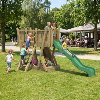 Torre Gioco FunForte 1 per Uso Pubblico in Legno con Scivolo HDPE, Parete d'Arrampicata e Scala
