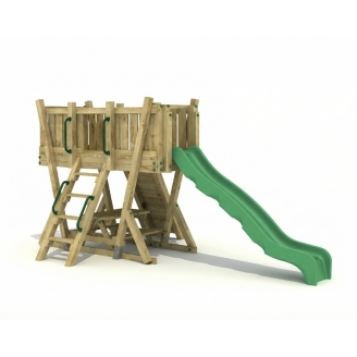 Torre Parco Giochi FunForte 2 per Uso Pubblico in Legno con Scivolo HDPE, Arrampicata e Tavolo Picnic
