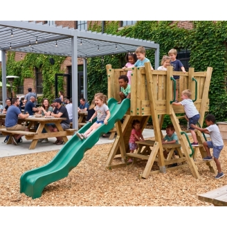 Torre Parco Giochi FunForte 2 per Uso Pubblico in Legno con Scivolo HDPE, Arrampicata e Tavolo Picnic