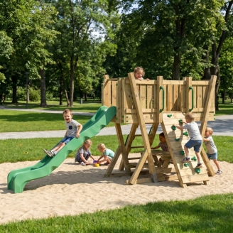 Torre Parco Giochi FunForte 2 per Uso Pubblico in Legno con Scivolo HDPE, Arrampicata e Tavolo Picnic