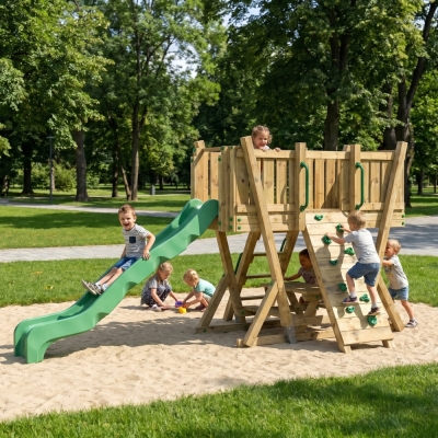 Torre Parco Giochi FunForte 2 per Uso Pubblico in Legno con Scivolo HDPE, Arrampicata e Tavolo Picnic