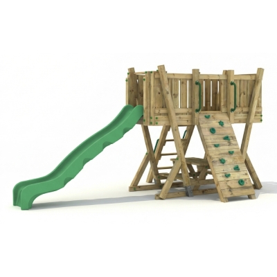 Torre Parco Giochi FunForte 2 per Uso Pubblico in Legno con Scivolo HDPE, Arrampicata e Tavolo Picnic