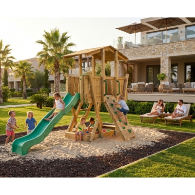 Parco Giochi in Legno FunForte 3 per Uso Pubblico con Tetto, Scivolo HDPE, Parete d’Arrampicata e Sabbiera