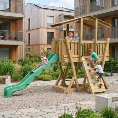 Parco Giochi in Legno FunForte 3 per Uso Pubblico con Tetto, Scivolo HDPE, Parete d’Arrampicata e Sabbiera