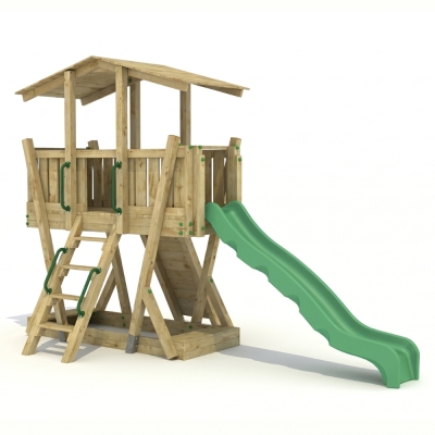 Parco Giochi in Legno FunForte 3 per Uso Pubblico con Tetto, Scivolo HDPE, Parete d’Arrampicata e Sabbiera