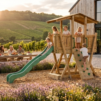 Parco Giochi in Legno FunForte 3 per Uso Pubblico con Tetto, Scivolo HDPE, Parete d’Arrampicata e Sabbiera