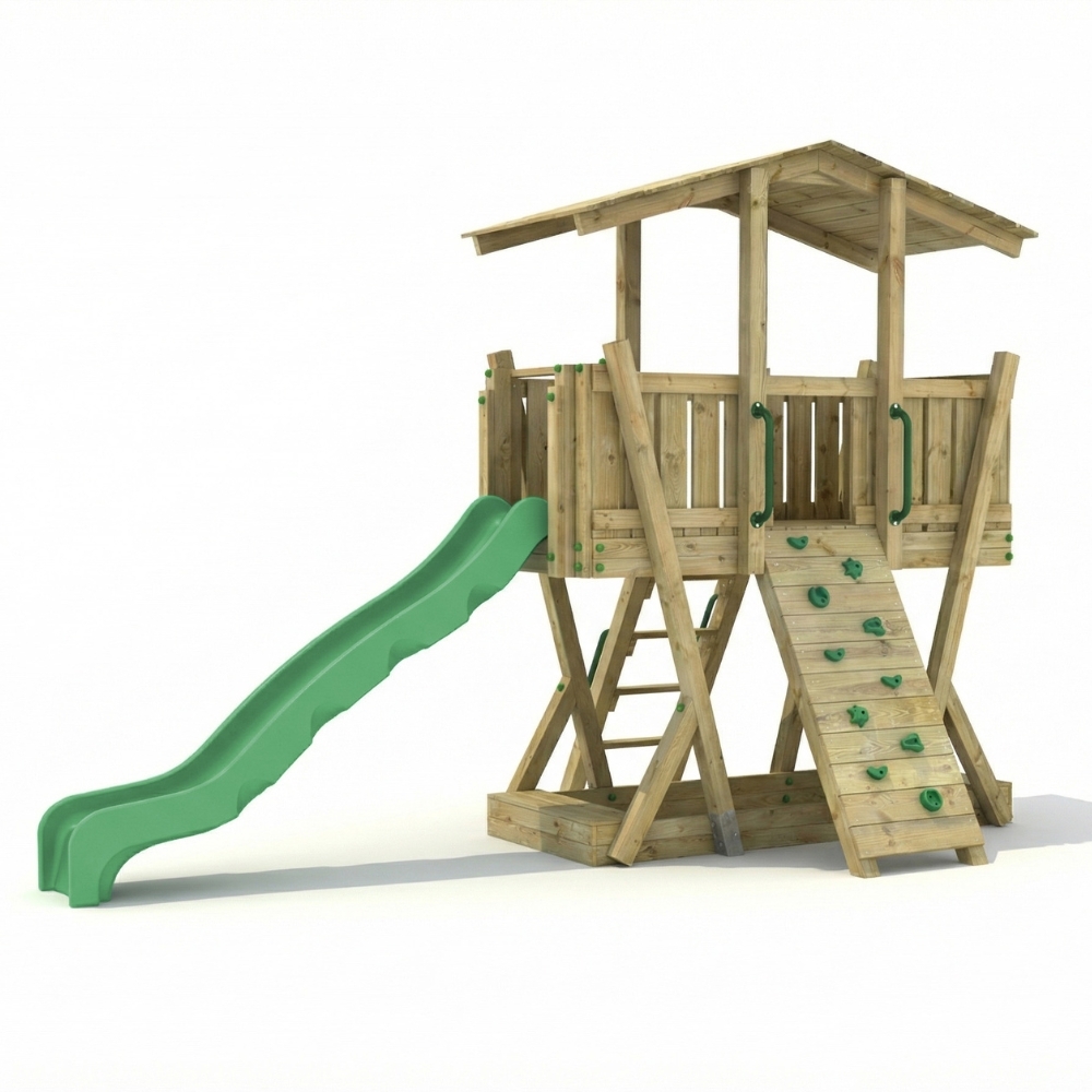 Parco Giochi in Legno FunForte 3 per Uso Pubblico con Tetto, Scivolo HDPE, Parete d’Arrampicata e Sabbiera