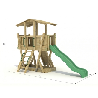 Parco Giochi in Legno FunForte 3 per Uso Pubblico con Tetto, Scivolo HDPE, Parete d’Arrampicata e Sabbiera