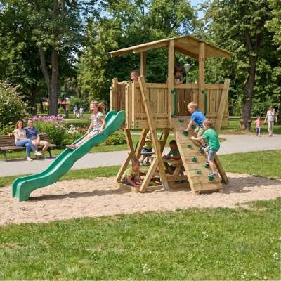 Parco Giochi in Legno FunForte 4 per Uso Pubblico con Scivolo HDPE, Arrampicata e Tavolo Picnic