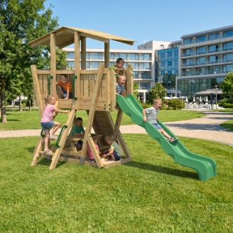 Parco Giochi in Legno FunForte 4 per Uso Pubblico con Scivolo HDPE, Arrampicata e Tavolo Picnic