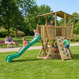 Parco Giochi in Legno FunForte 4 per Uso Pubblico con Scivolo HDPE, Arrampicata e Tavolo Picnic