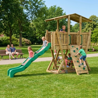 Parco Giochi in Legno FunForte 4 per Uso Pubblico con Scivolo HDPE, Arrampicata e Tavolo Picnic