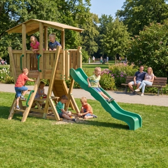 Parco Giochi in Legno FunForte 4 per Uso Pubblico con Scivolo HDPE, Arrampicata e Tavolo Picnic
