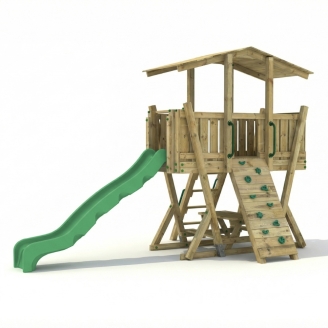 Parco Giochi in Legno FunForte 4 per Uso Pubblico con Scivolo HDPE, Arrampicata e Tavolo Picnic