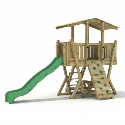 Parco Giochi in Legno FunForte 4 per Uso Pubblico con Scivolo HDPE, Arrampicata e Tavolo Picnic