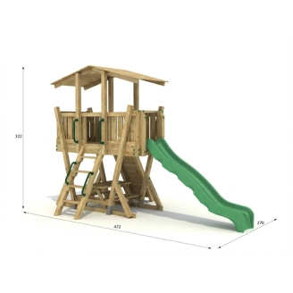 Parco Giochi in Legno FunForte 4 per Uso Pubblico con Scivolo HDPE, Arrampicata e Tavolo Picnic