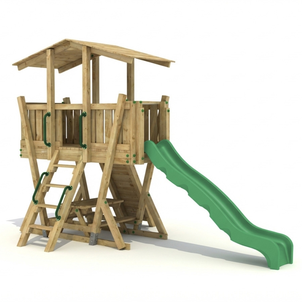 Parco Giochi in Legno FunForte 4 per Uso Pubblico con Scivolo HDPE, Arrampicata e Tavolo Picnic