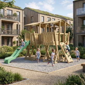 Parco Giochi in Legno FunForte 5 per Uso Pubblico con Doppia Torre, Ponte, Scivolo e Sabbiera