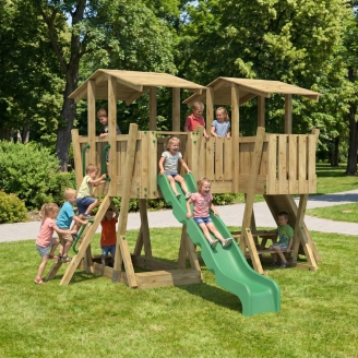 Parco Giochi in Legno FunForte 5 per Uso Pubblico con Doppia Torre, Ponte, Scivolo e Sabbiera