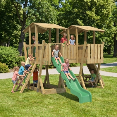 Parco Giochi in Legno FunForte 5 per Uso Pubblico con Doppia Torre, Ponte, Scivolo e Sabbiera