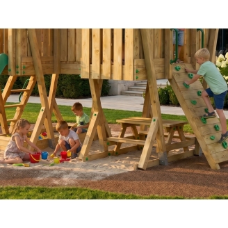 Parco Giochi in Legno FunForte 5 per Uso Pubblico con Doppia Torre, Ponte, Scivolo e Sabbiera