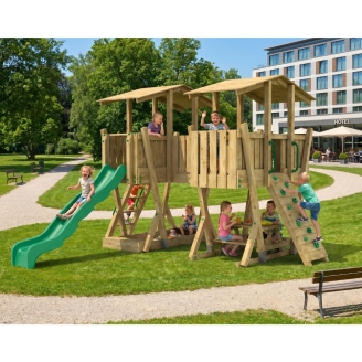 Parco Giochi in Legno FunForte 5 per Uso Pubblico con Doppia Torre, Ponte, Scivolo e Sabbiera