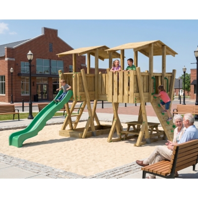 Parco Giochi in Legno FunForte 5 per Uso Pubblico con Doppia Torre, Ponte, Scivolo e Sabbiera