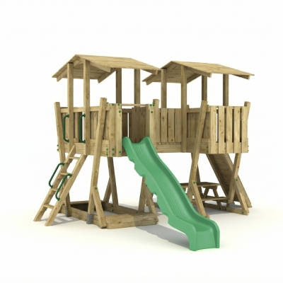 Parco Giochi in Legno FunForte 5 per Uso Pubblico con Doppia Torre, Ponte, Scivolo e Sabbiera