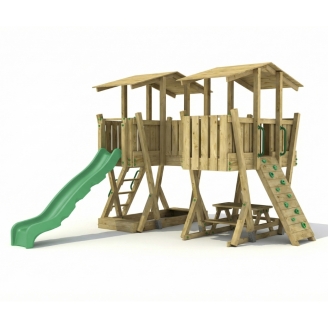 Parco Giochi in Legno FunForte 5 per Uso Pubblico con Doppia Torre, Ponte, Scivolo e Sabbiera