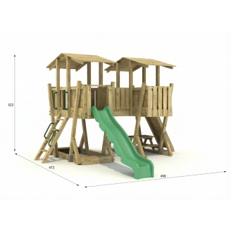 Parco Giochi in Legno FunForte 5 per Uso Pubblico con Doppia Torre, Ponte, Scivolo e Sabbiera