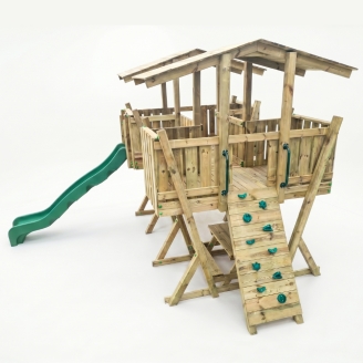 Parco Giochi in Legno FunForte 5 per Uso Pubblico con Doppia Torre, Ponte, Scivolo e Sabbiera