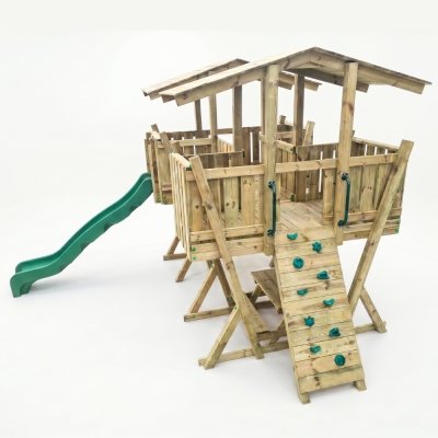 Parco Giochi in Legno FunForte 5 per Uso Pubblico con Doppia Torre, Ponte, Scivolo e Sabbiera