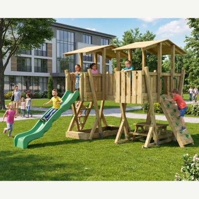 Parco Giochi in Legno FunForte 5 per Uso Pubblico con Doppia Torre, Ponte, Scivolo e Sabbiera
